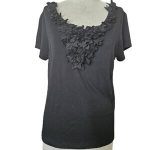 Black Ruffle Neck Short Sleeve Top Size Medium